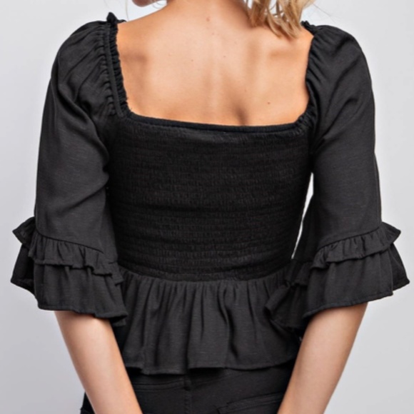 "The Sarah” Black Sweetheart Neckline Smocked Ruffle Top - Picture 2 of 6